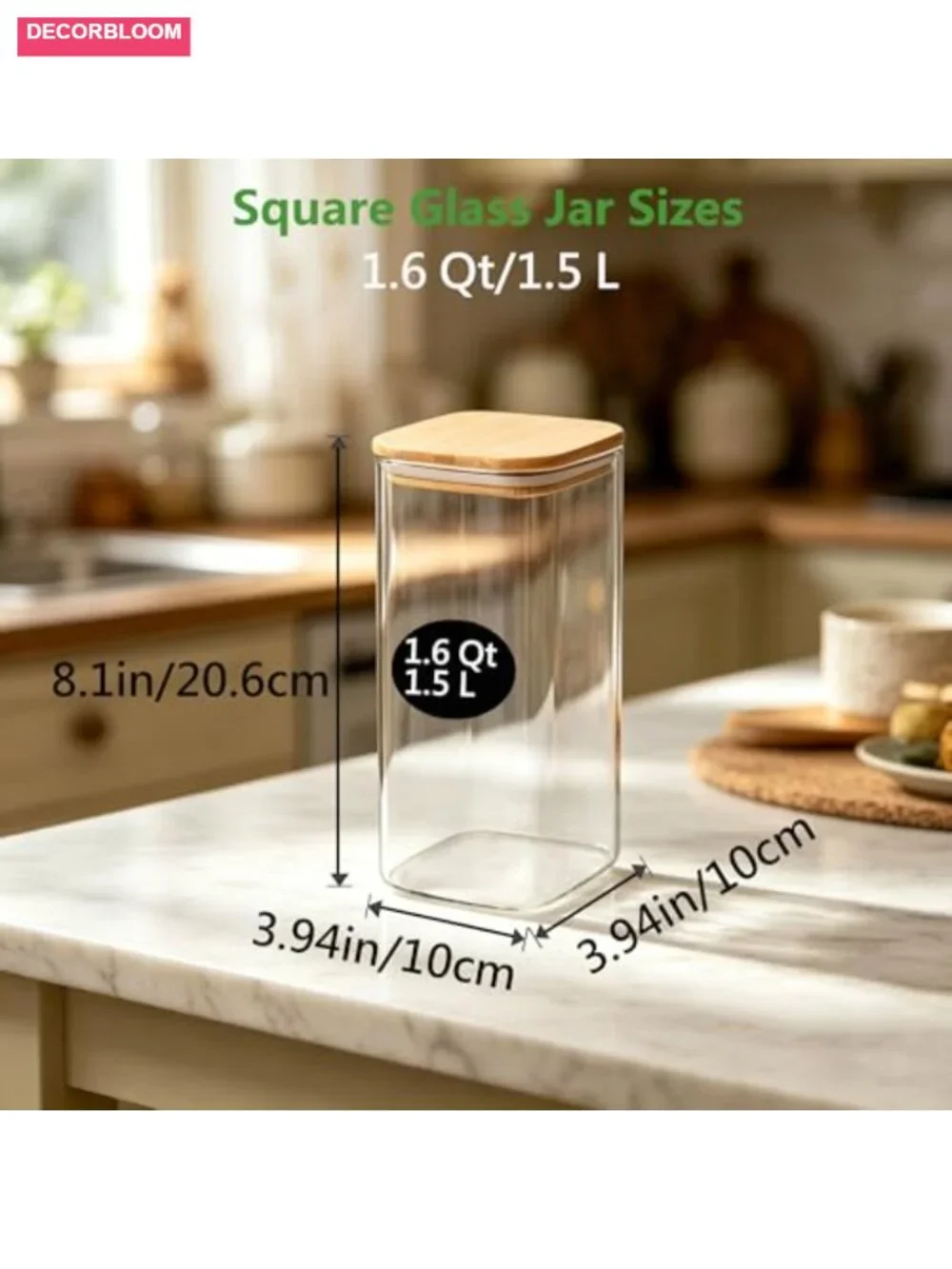 3-Pack 1.6 Qt Square Glass Storage Jars with Bamboo Lids, Airtight Canisters